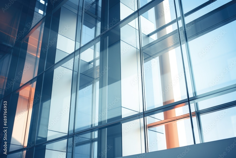 Poster A large glass building with a clock on its side. Perfect for illustrating modern architecture or representing the concept of time management