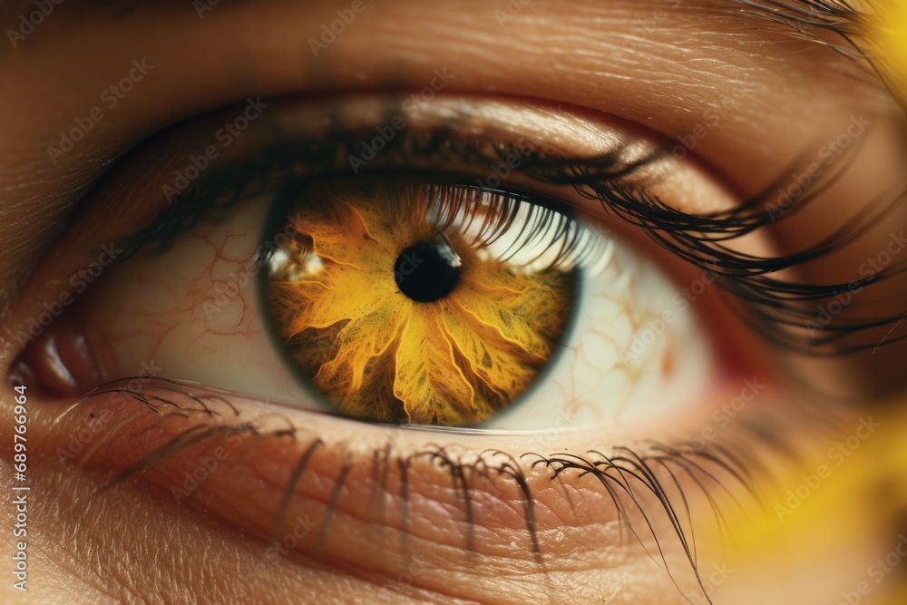 Poster a close up of a person's eye with a flower in the iris. can be used for various creative projects