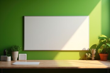 A white board is mounted on a green wall, surrounded by potted plants. This versatile image can be used for educational presentations, office meetings, or creative brainstorming sessions.