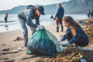 A man and a woman are seen picking up trash on the beach. This image can be used to promote environmental awareness and beach clean-up initiatives