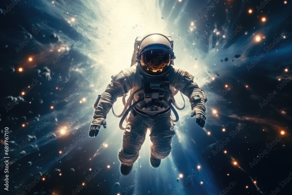 Poster An astronaut in a space suit floating through the vastness of space. Perfect for illustrating the beauty and wonder of outer space.