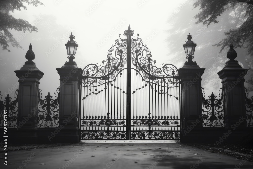 Aufkleber a black and white photo of a gate. suitable for various uses