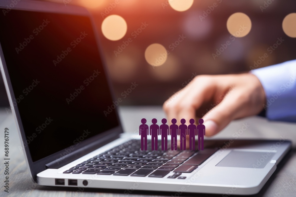 Poster a person is seen typing on a laptop, with a group of people displayed on the screen. this image can 