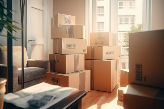 A cluttered living room with boxes piled next to a couch. This image can be used to depict moving, storage, or organizing