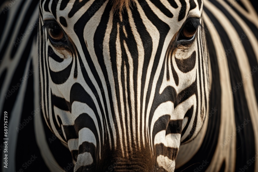 Poster a detailed close-up view of a zebra's face. can be used for educational purposes or in wildlife-them