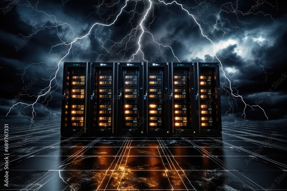Poster A group of tall buildings with lightning striking in the background. This image captures the power and beauty of a stormy night.