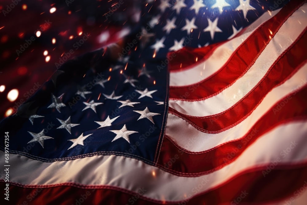Poster a close-up image of an american flag with vibrant fireworks in the background. perfect for patriotic