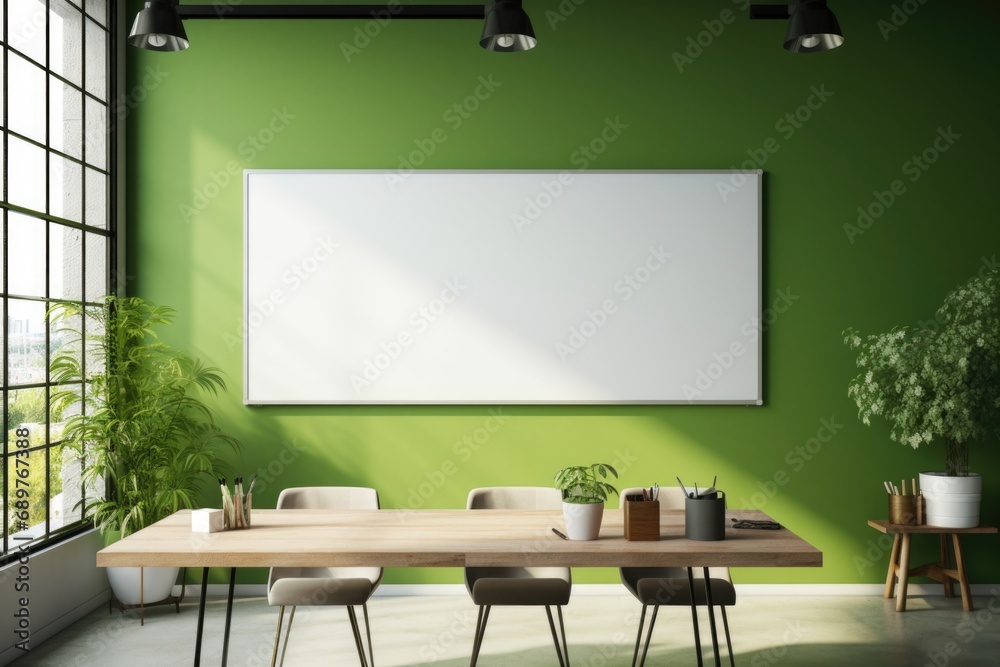 Poster a room featuring a table, chairs, and a whiteboard. this versatile image can be used in various sett
