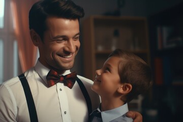 A heartwarming moment captured as a man in a bow tie and suspenders embraces a young boy. Perfect for family, love, and bonding concepts - obrazy, fototapety, plakaty