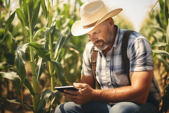 A man is sitting in a corn field and looking at his cell phone. This image can be used to depict technology use in rural or agricultural settings