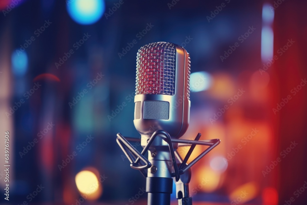 Poster a microphone with a red light in the background. ideal for music, podcasting, and broadcasting proje