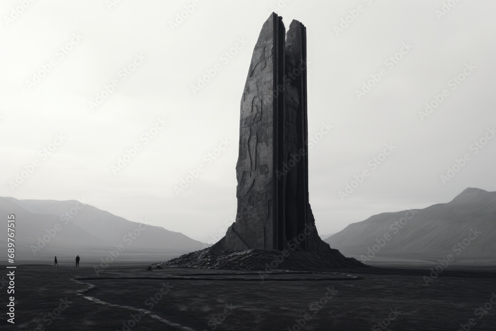Poster a black and white photo of a solitary monument standing in the middle of a desolate landscape. suita