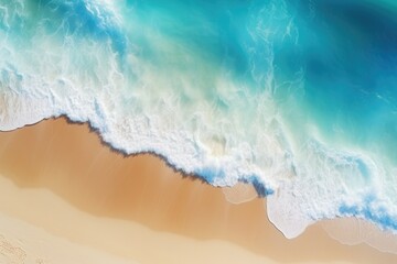 A beautiful aerial view of a beach with a surfboard. Perfect for travel brochures or website banners
