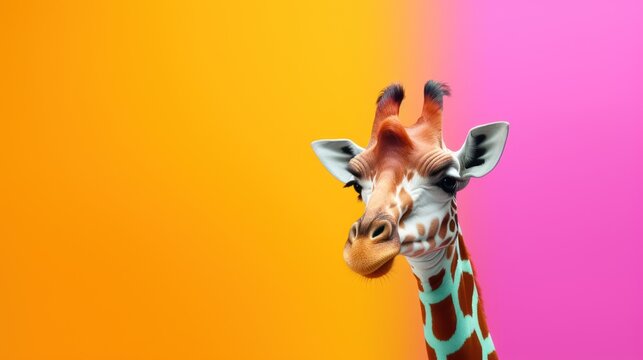  a close up of a giraffe's head against a pink and yellow background with a pink and orange background.
