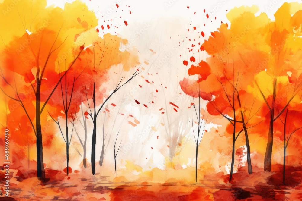 Poster a beautiful watercolor painting depicting trees in their fall colors. perfect for adding a touch of 