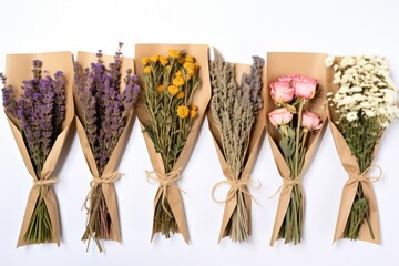 A bunch of flowers wrapped in brown paper. Suitable for various occasions and events