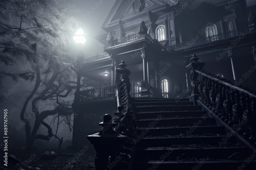 Poster an eerie image of a house with a staircase leading up to it. perfect for creating a spooky atmospher