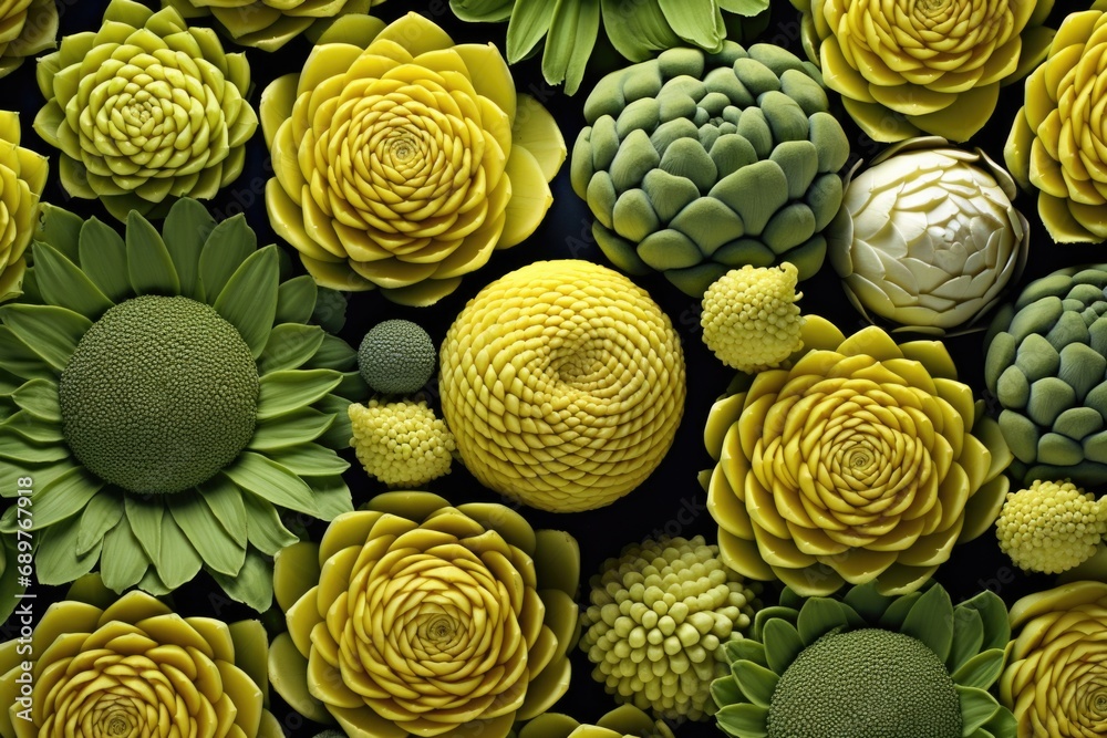 Poster a collection of vibrant yellow and green flowers and plants. perfect for adding a pop of color to an