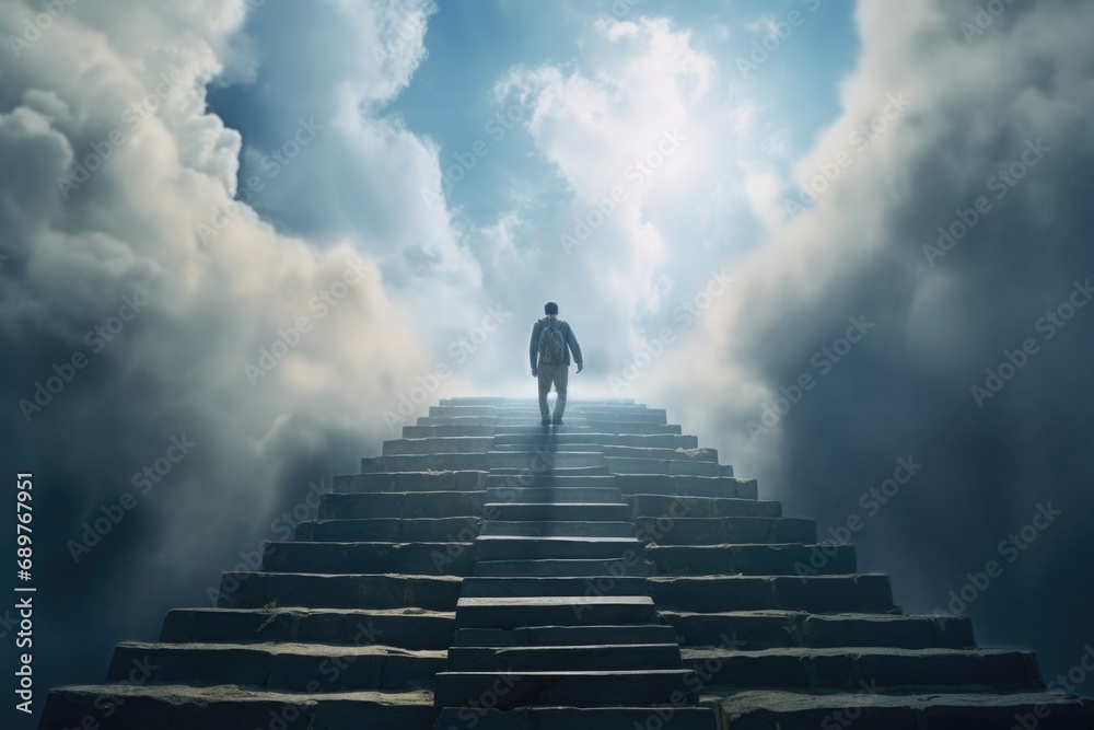Poster a man is seen walking up a flight of stairs in the sky. this image can be used to depict determinati