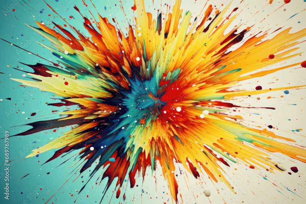 Poster A vibrant burst of paint on a blue background. Perfect for adding a pop of color to any design project