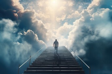A man is walking up a flight of stairs. Suitable for illustrating progress, ambition, or personal growth