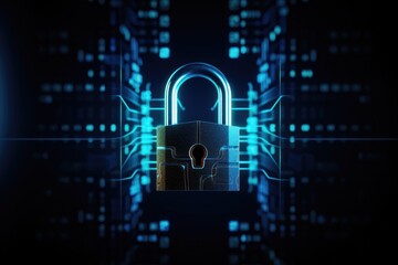 A picture of a lock on a circuit with a city in the background. This image can be used to represent security, technology, or urban landscapes