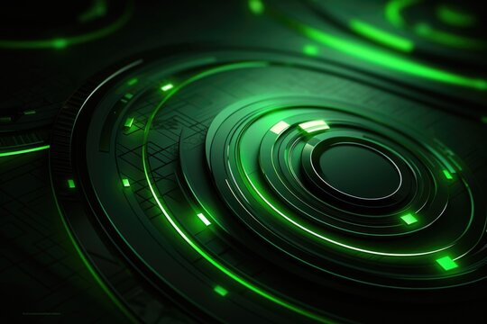 A close-up view of a circular object with vibrant green lights. This image can be used to depict technology, innovation, or futuristic concepts