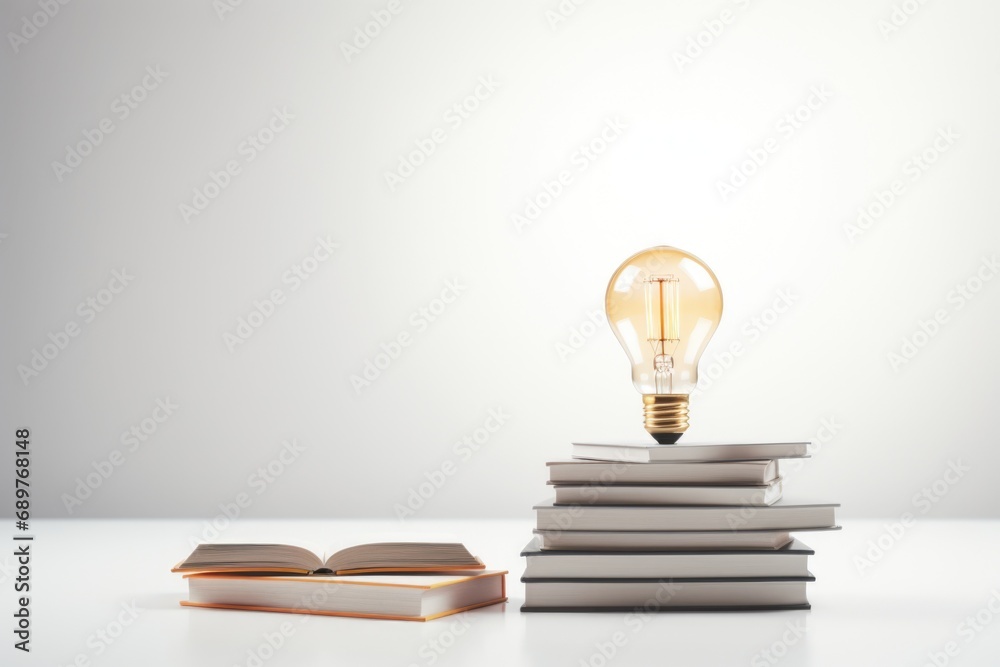 Poster a light bulb sitting on top of a stack of books. can be used to represent ideas, knowledge, or creat