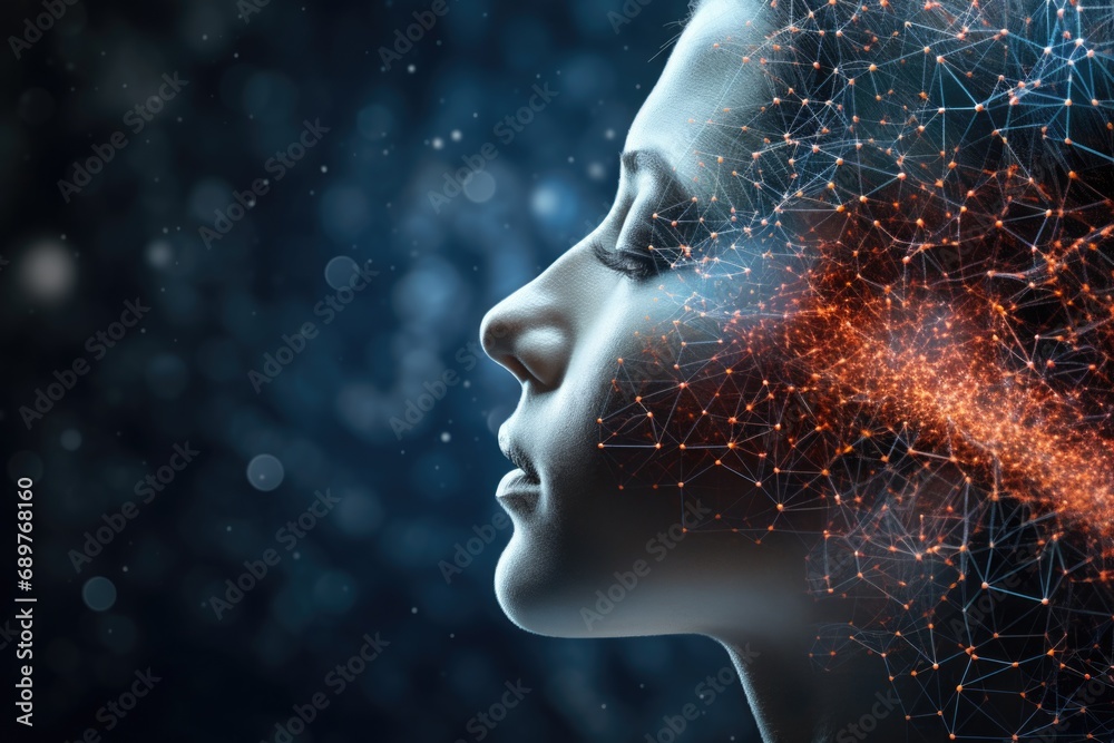 Poster a woman's face with a network of dots forming the shape of her head. can be used to represent techno