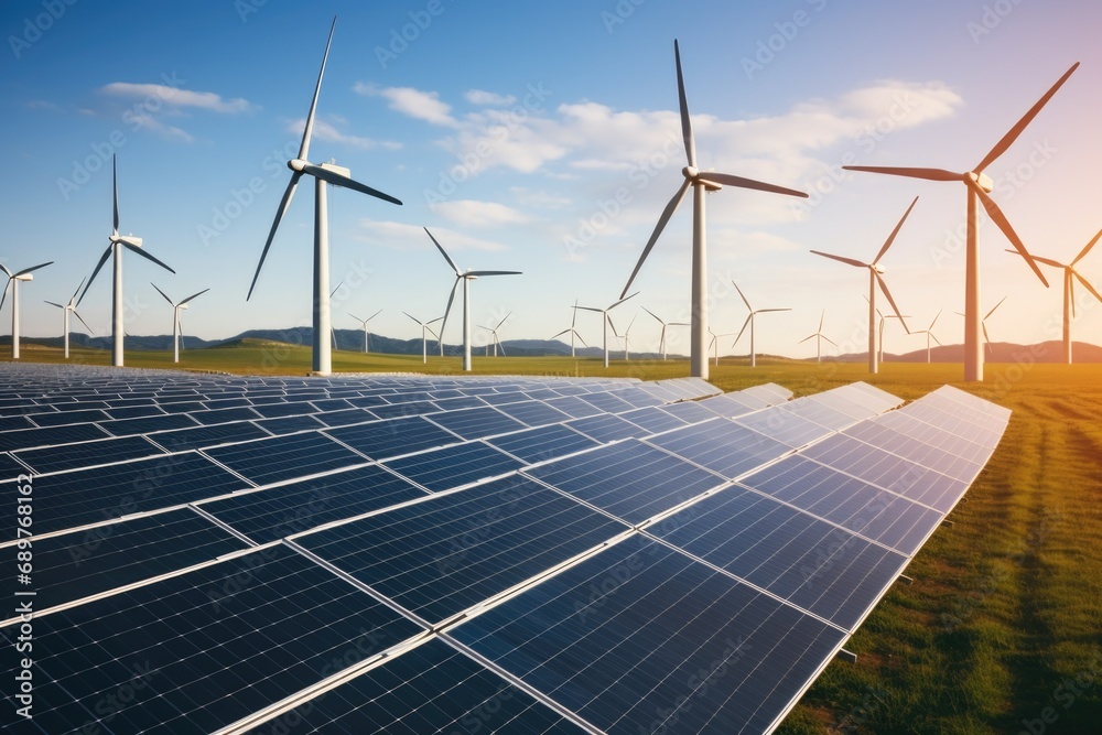 Poster a field of solar panels with wind turbines in the background. suitable for renewable energy concepts