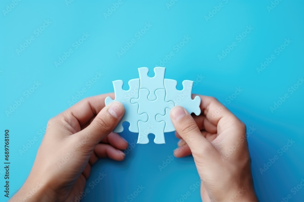 Poster A picture of two hands holding a single puzzle piece. Can be used to represent teamwork, collaboration, problem-solving, or the concept of finding the missing piece