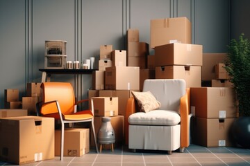 A room filled with boxes and a chair. Perfect for illustrating moving, storage, or organization concepts - obrazy, fototapety, plakaty
