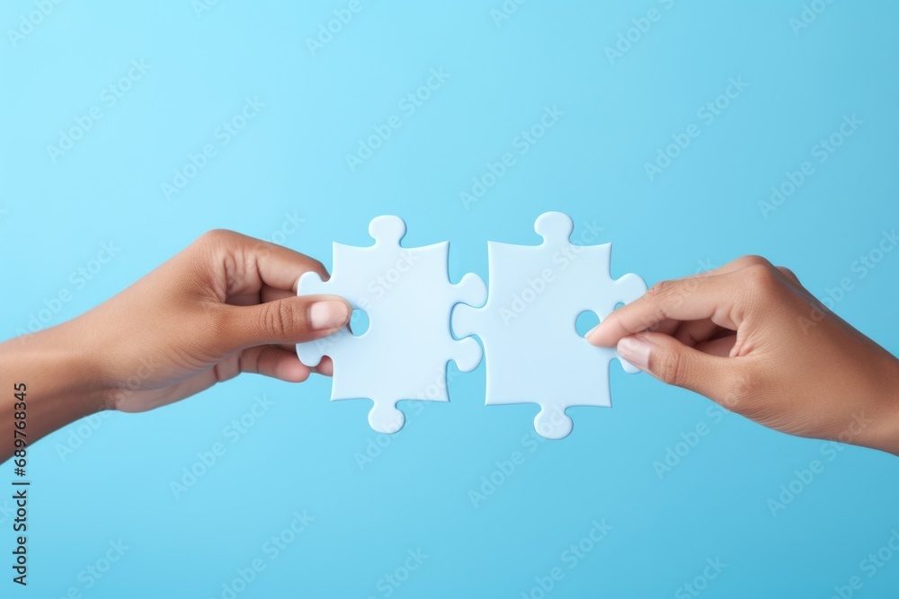 Aufkleber two hands holding two pieces of a puzzle. suitable for illustrating teamwork, problem-solving, colla
