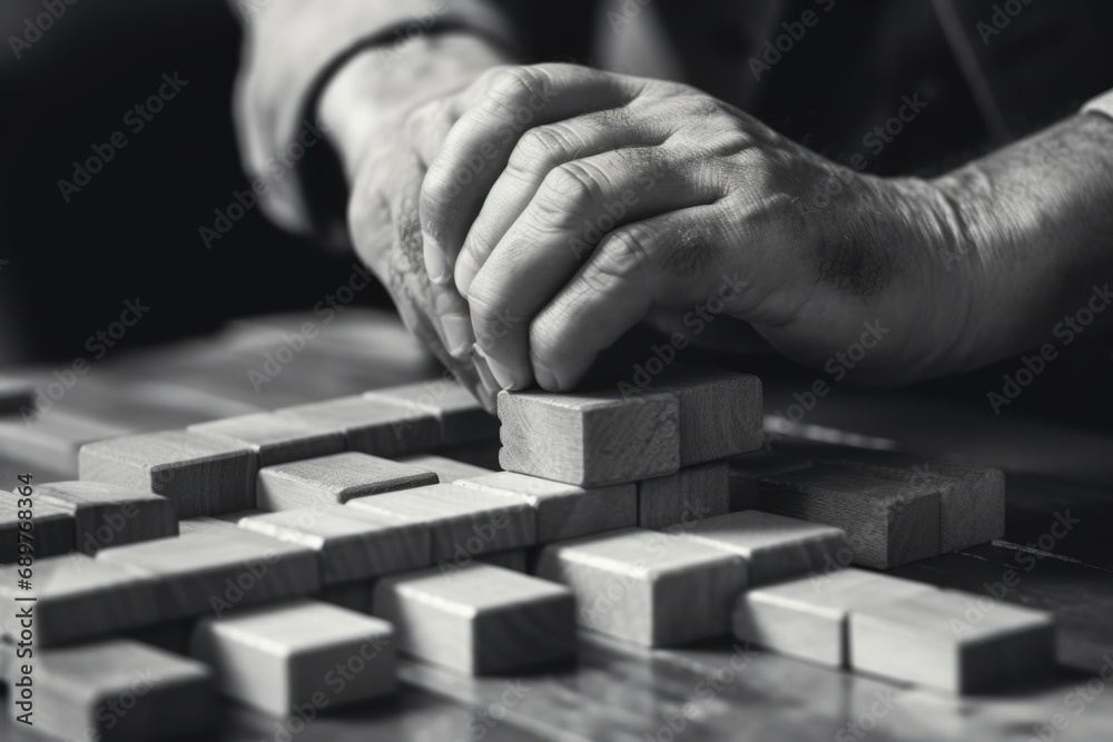 Poster A close-up view of a person engaged in a game of dominos. This image can be used to depict leisure activities or strategic thinking