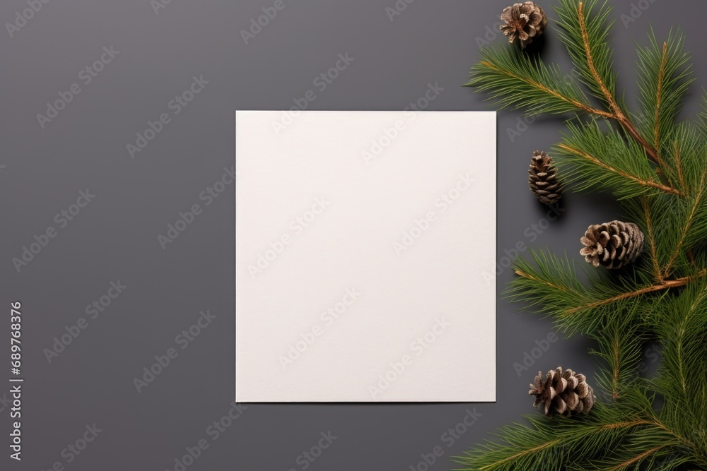 Poster A white sheet of paper surrounded by pine branches and cones. Suitable for various projects and designs