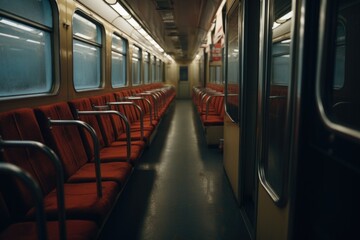 A picture of a train car with red seats and windows. Suitable for transportation-themed designs and travel-related content