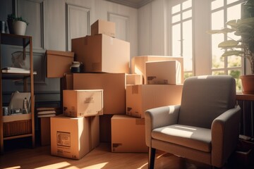 A living room cluttered with boxes and a lone chair. Ideal for illustrating moving, storage, or relocation concepts