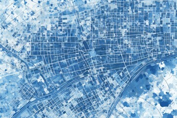 A blue map of a city with numerous buildings. Can be used for urban planning, real estate, or travel-related projects