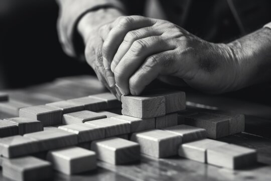 A close-up view of a person engaged in a game of dominos. This image can be used to depict leisure activities or strategic thinking