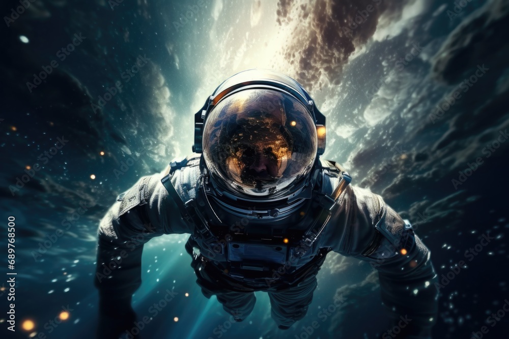 Poster an astronaut in a space suit floating in the water. perfect for science fiction or futuristic concep