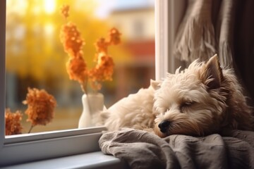 A small white dog is seen laying on top of a couch next to a window. This image can be used to depict relaxation and comfort in a home setting