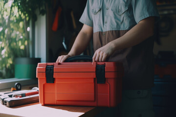 A man is seen holding a red cooler on top of a table. This versatile image can be used to represent outdoor gatherings, picnics, camping trips, and summer activities