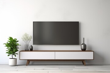 A TV on a stand in a room with a potted plant. Perfect for illustrating home entertainment or interior design concepts