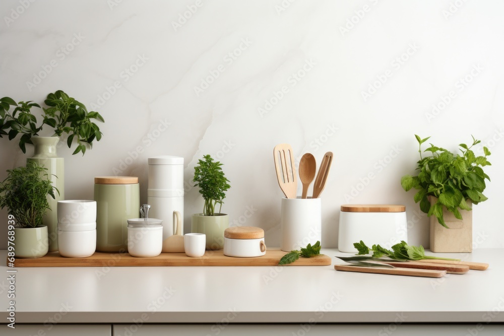 Poster a counter filled with various types of kitchen utensils. perfect for showcasing a wide range of cook