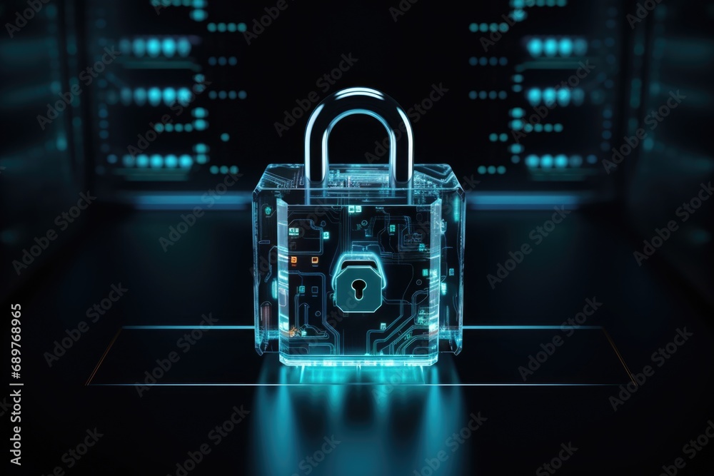 Aufkleber A padlock sits on a table with a circuit board in the background. This image can be used to represent security, technology, or data protection
