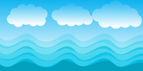 Fototapeta na wymiar Blue sea wave flowing with white soft clouds cartoon, sky background landscape vector illustration.