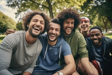 A group of men sitting together in a park. This image can be used to depict friendship, socializing, or leisure activities in a park setting