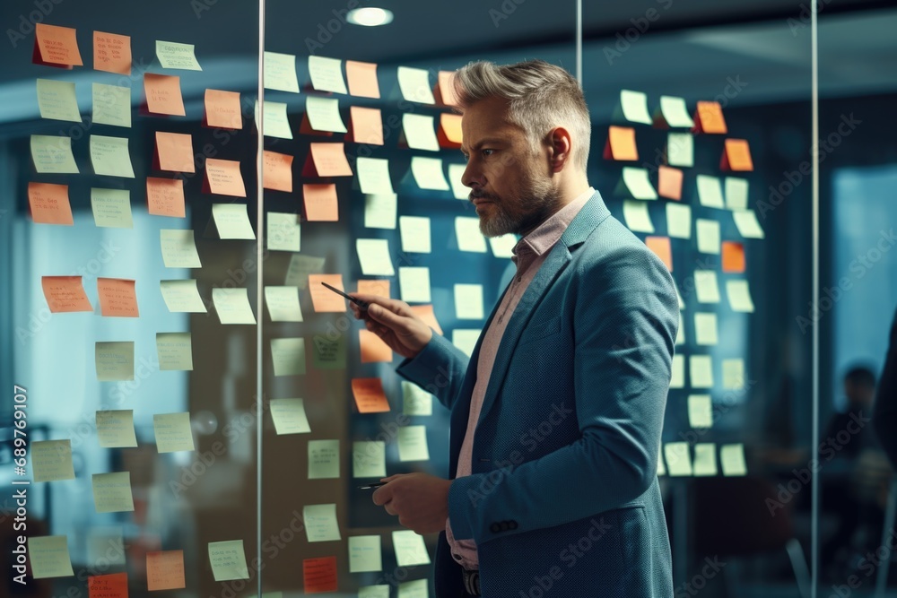 Poster a man stands in front of a glass wall completely covered in colorful post-it notes.