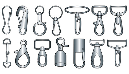 Claw clasps and carabiners flat sketch vector illustration set, different types of clasps, buckles and carabiners for jewellery, climbing equipment, garments dress fasteners, Clothing and Accessories - obrazy, fototapety, plakaty