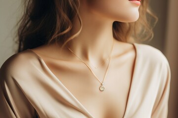 young woman wearing stylish jewelry on a beige background, woman jewelry, woman fashion, woman necklace closeup, jewelry concept
